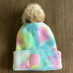 C.C women’s/girls Pastel Tie-Dye Beanie with Faux Fur Pom